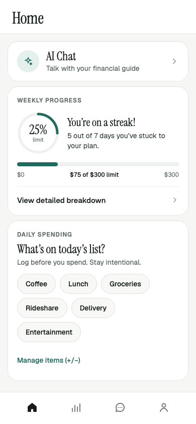 Before: the home screen, where the AI coach is one card among a dashboard of destinations.